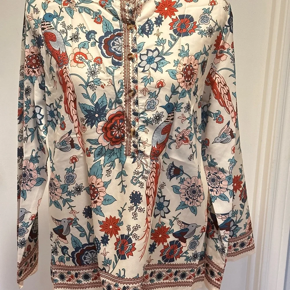 Western Boho Apricot Peacock Floral Print V Neck Blouse - Picture 2 of 5